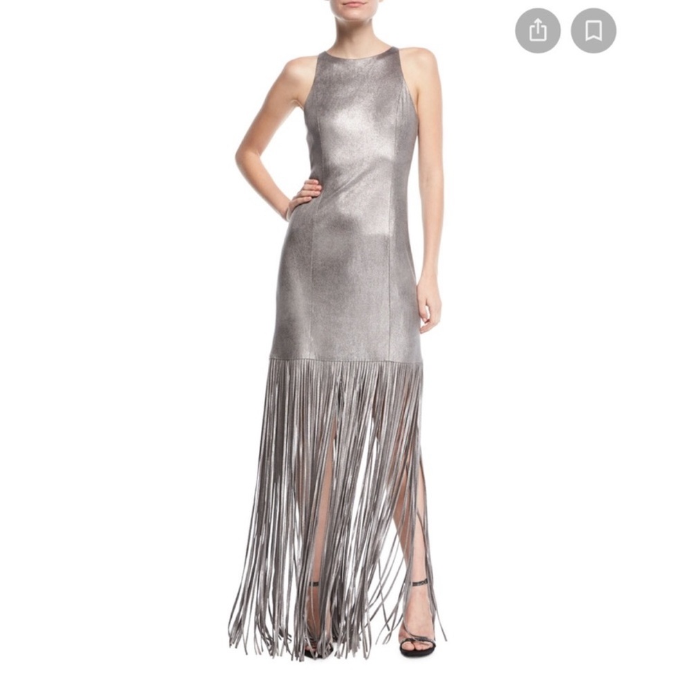 Halston Heritage fringe silver metallic evening gown